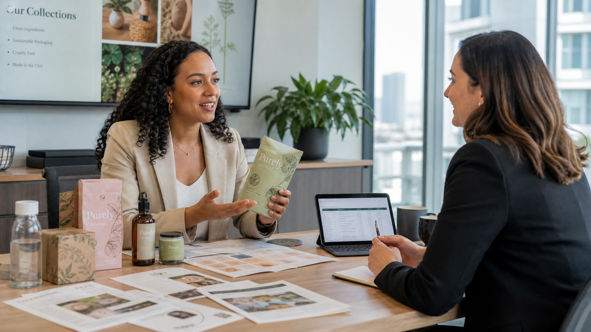 Productive buyer meeting with product samples on the table
