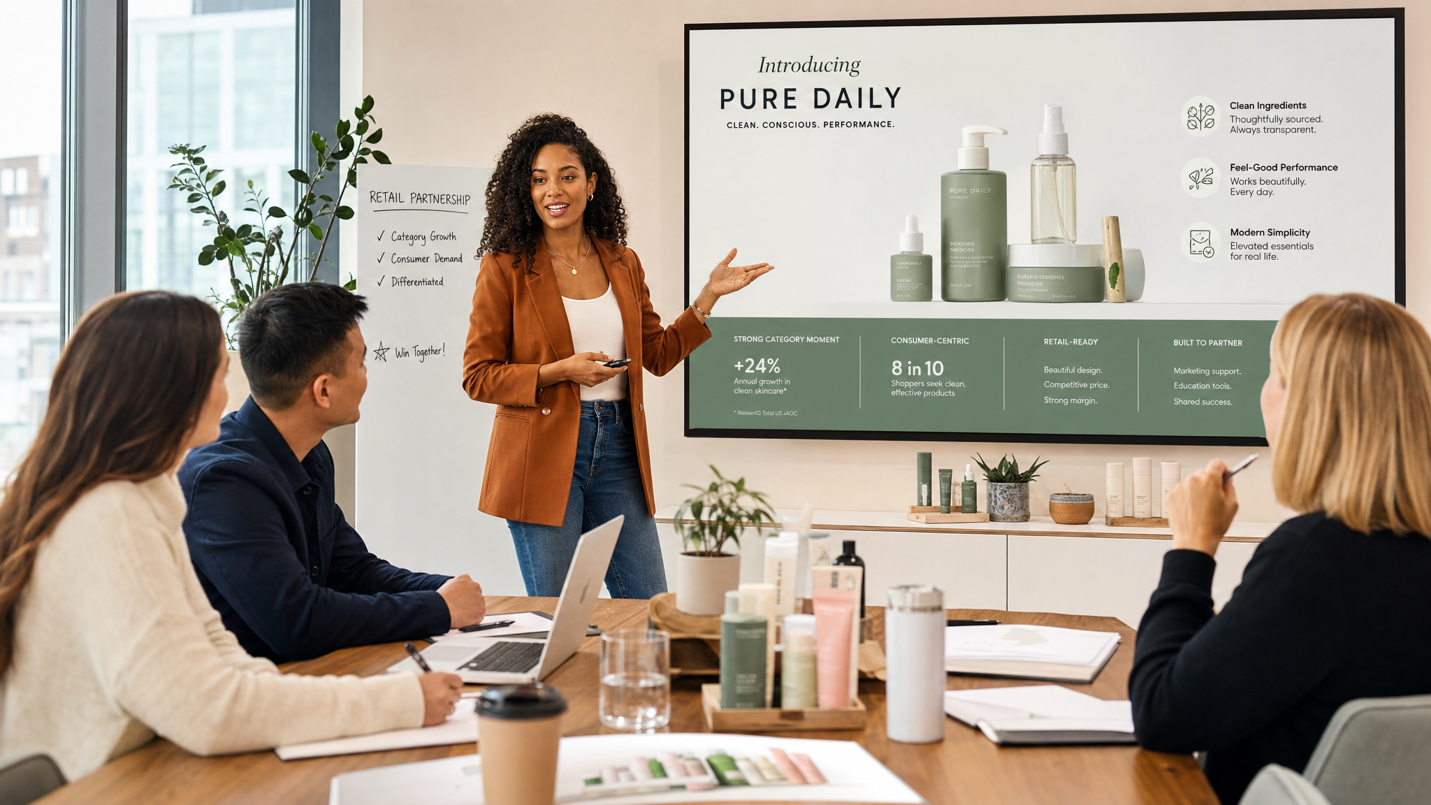 Professional presenting a pitch deck to retail buyers in a modern meeting room