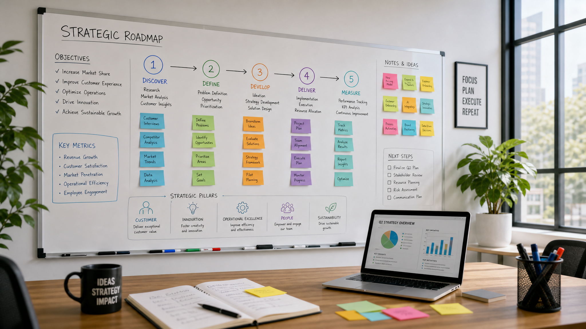 Strategy workspace with planning materials and process steps